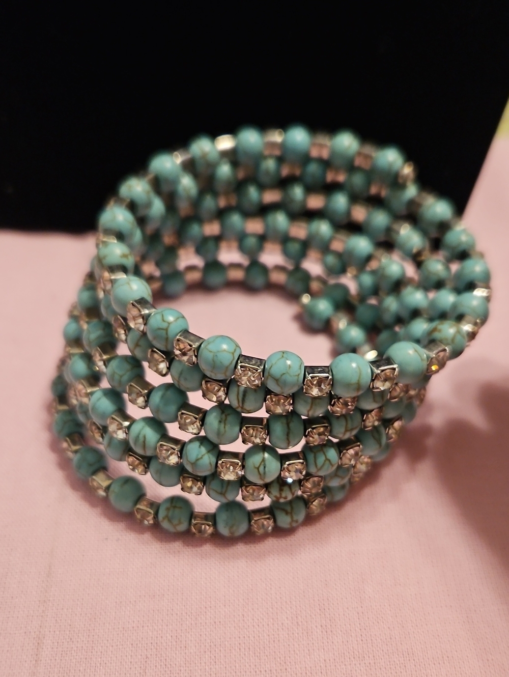 Vintage Turquoise And Magnesite Beaded Coil Bracelet- Women's Jewelry